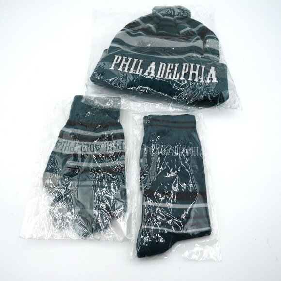 Unbranded Accessories - Philadelphia Winter Knit Beanie Hat Gloves Scarf Set Green Gray Striped Pom Mens